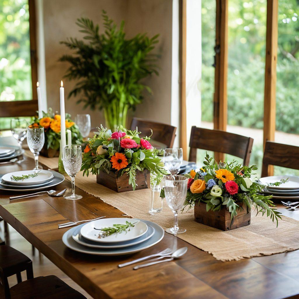 A beautifully set dining table featuring elegant gourmet dishes made from fresh, organic ingredients, surrounded by eco-friendly tableware such as bamboo plates and recycled glassware. Soft, natural lighting enhances the inviting atmosphere, with vibrant floral centerpieces adding a pop of color. In the background, lush greenery and rustic wooden elements complement the sustainable theme. cozy and welcoming ambience. super-realistic. vibrant colors. natural lighting.