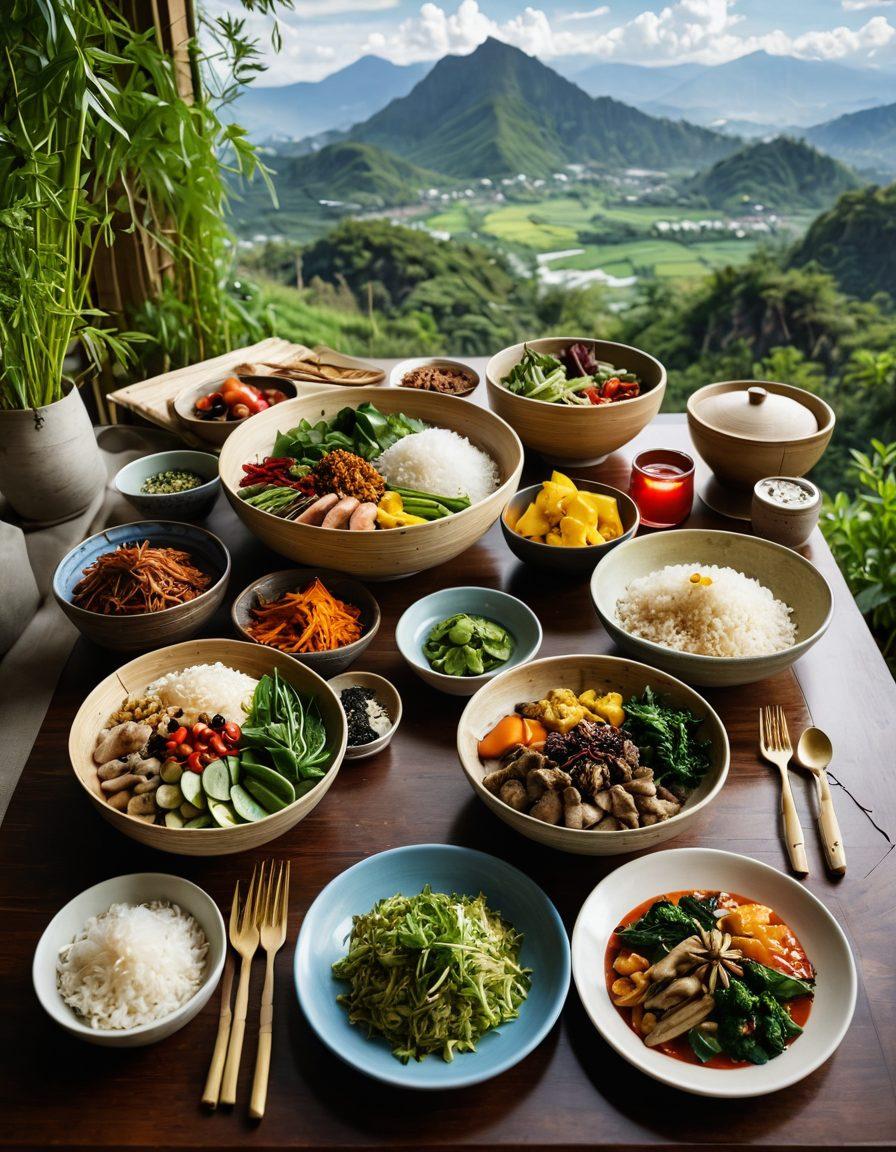A vibrant table set with an array of traditional Asian dishes, showcasing colorful ingredients like fresh herbs, spices, and vegetables. Incorporate elements of sustainability, such as bamboo utensils and eco-friendly packaging. The background features an Asian landscape with rice paddies and mountains, symbolizing the origins of the ingredients. Brightly lit with warm tones to enhance the sumptuousness of the food. super-realistic. vibrant colors. 3D.