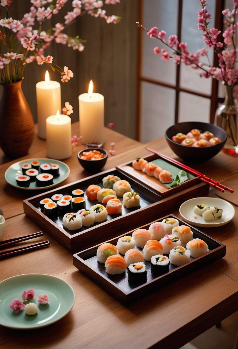 A beautifully arranged Asian dining table set with eco-friendly wooden chopsticks, adorned with delicate cherry blossom motifs. Plates filled with vibrant sushi and colorful dumplings showcase an enticing culinary experience. Soft candlelight adds warmth, while greenery subtly complements the eco-friendly vibe. Enhance the scene with a backdrop of a serene traditional Japanese setting. super-realistic. vibrant colors. soft lighting.